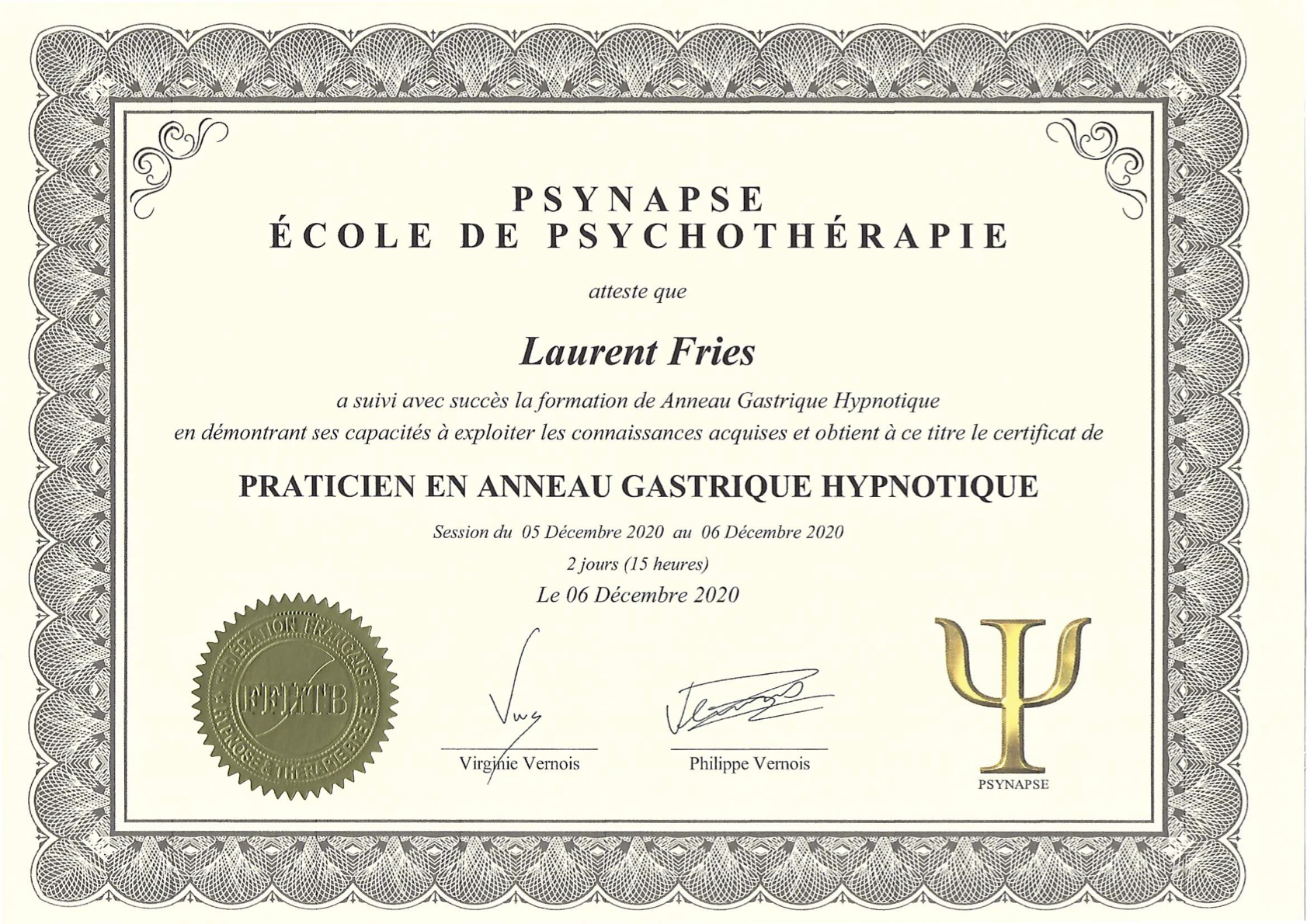 Diplome Hypnose Anneau Gastrique